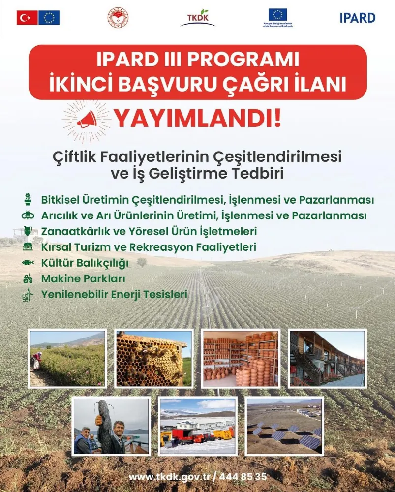 Tarım ve Kırsal Kalkınmayı Destekleme Kurumu (TKDK) Ordu İl Koordinatörlüğü, IPARD III Programı İkinci Başvuru Çağrı İlanına çıktı.