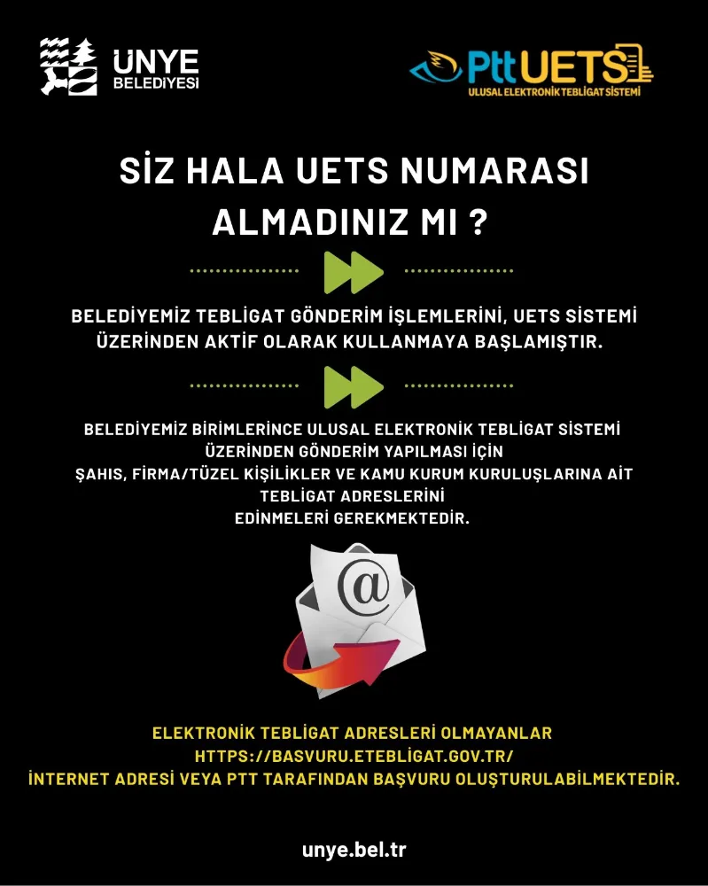 ÜNYE BELEDİYESİ UETS ÜZERİNDEN TEBLİGAT GÖNDERİMİNE BAŞLADI