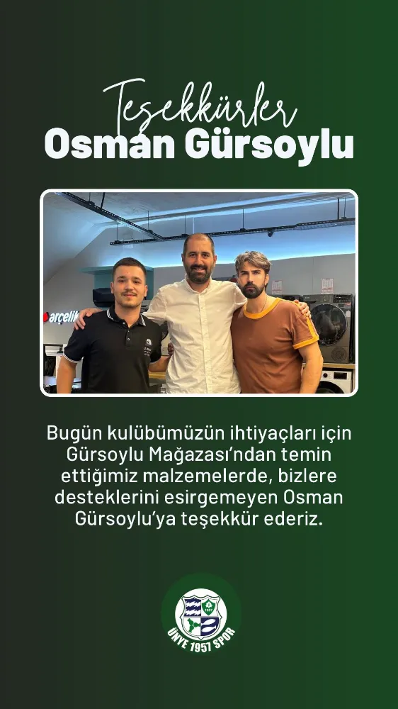 ÜNYE 1957 SPOR’DAN OSMAN GÜRSOYLU’YA TEŞEKKÜR